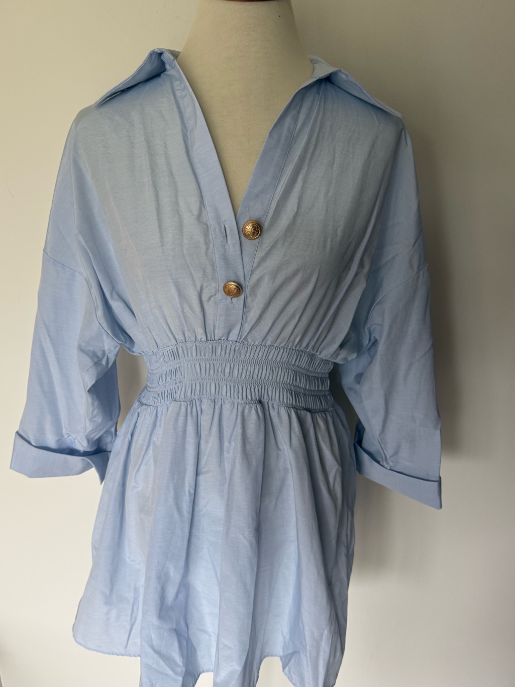Light Blue Smocked Waist V-Neck Women’s Mini Dress